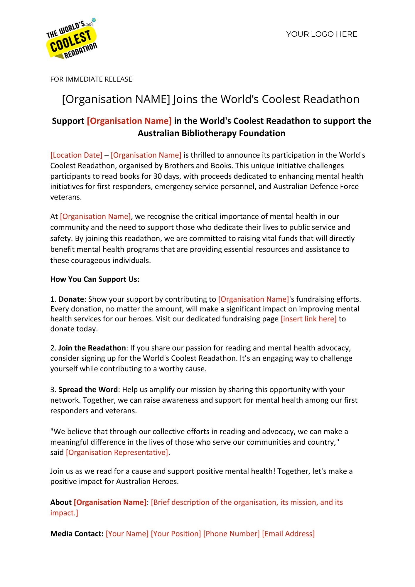 TWCR Media Release Template